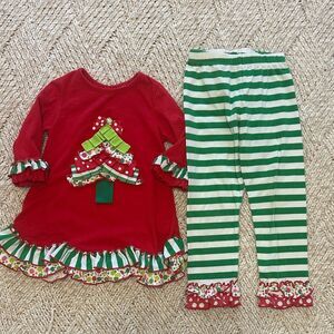 Rare Editions ruffle hem ribbon Christmas tree pants set size 4t